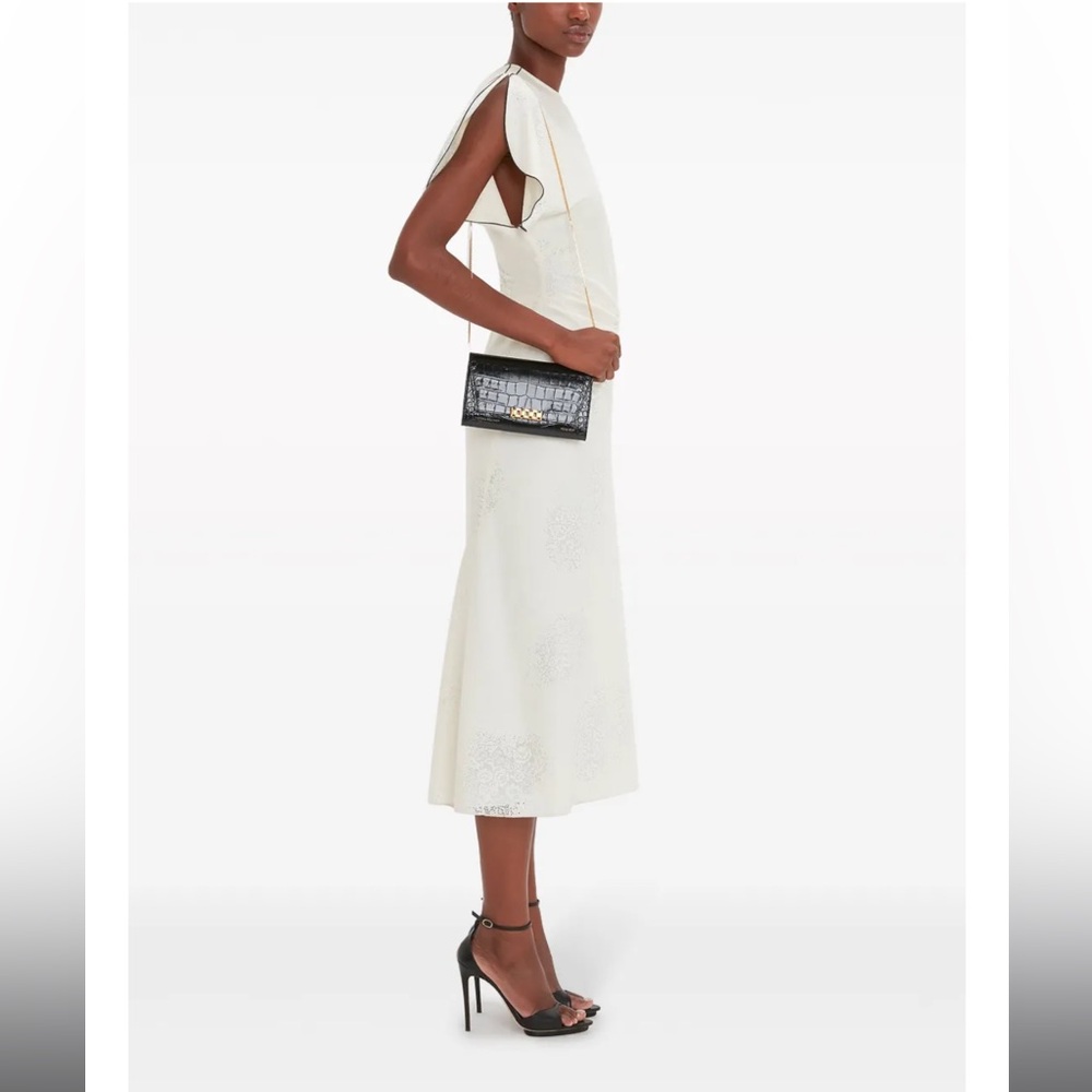 Victoria Beckham Elegant Black Croc-Embossed Chain Wallet Wristlet Clutch - Picture 8 of 16
